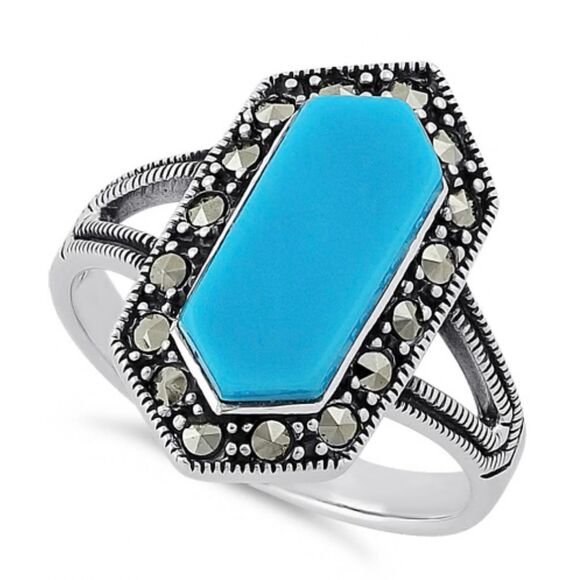 Vintage Hexagon Turquoise & Marcasite Ring – Sterling Silver Elegance - Picture 1 of 4